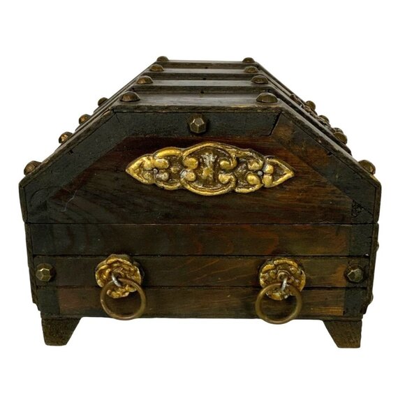 Vintage Wooden Treasure Chest Jewelry Box Hinged Lid Metal Accents Mexico - Picture 4 of 8